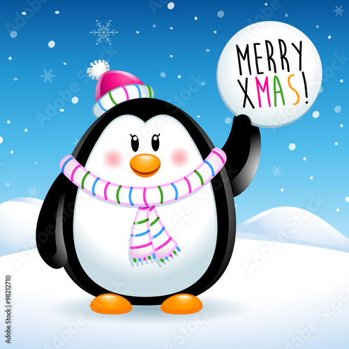 Merry Xmas, penguin on christmas. snow scene