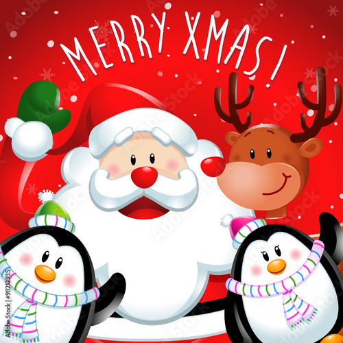 Merry Xmas, Santa Claus and friends. Red scene