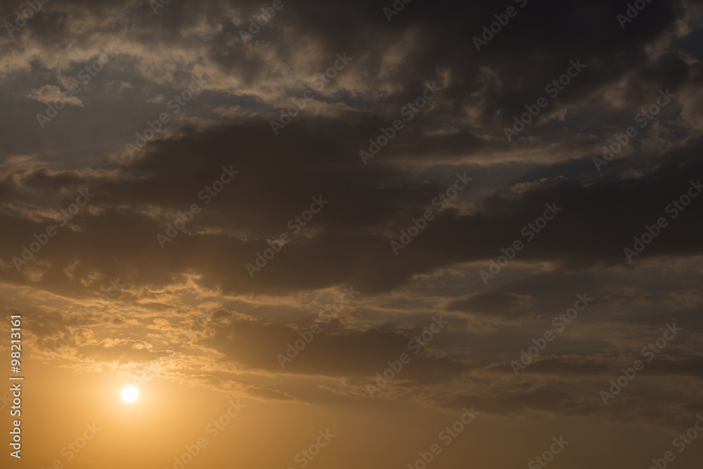 sunset sky background, light rays of sunbeam in evening