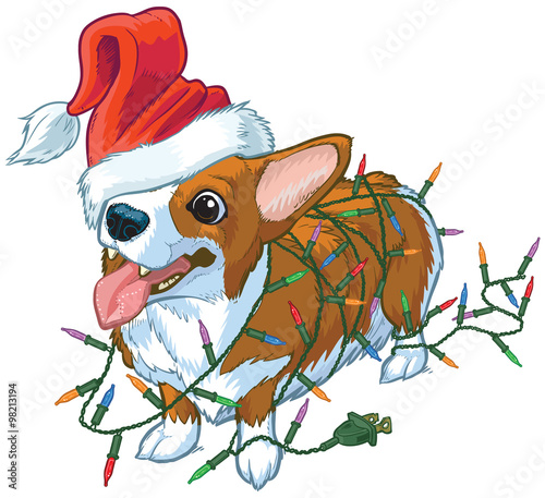Corgi Dog with Santa Hat and Christmas Lights Vector Illustration