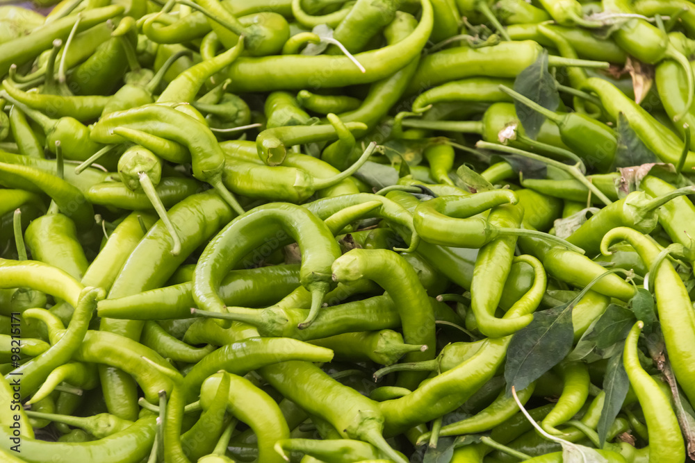 Green pepper at farmers market stall. Green pepper at farmers market stall.