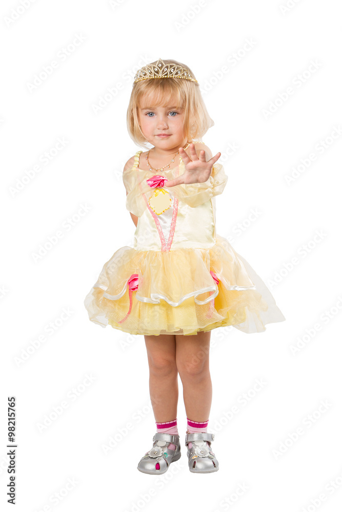 Little girl in a beautiful yellow dress and crown on white back Little girl in a beautiful yellow dress and crown on white back