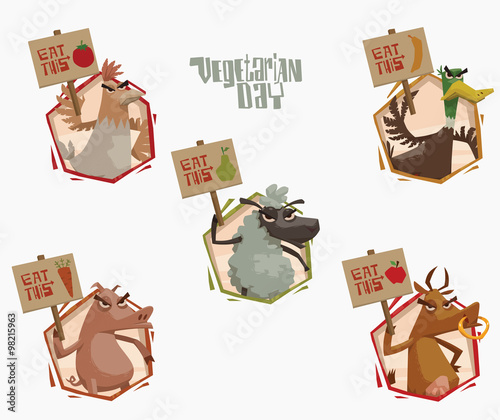 Vector emblems with cartoon image of angry animals: chicken, duck, sheep, pig and cow, holding posters in support of vegetarianism on a light background. 