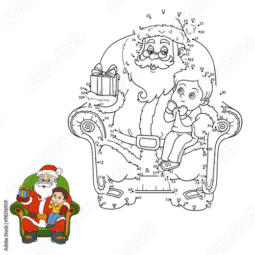 Numbers game for children: Santa Claus gives a gift a little boy