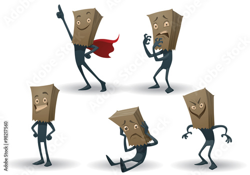 Vector Set of Anonymous. Cartoon image of a blue anonymous with paper bags on their heads in various poses on a light background.
