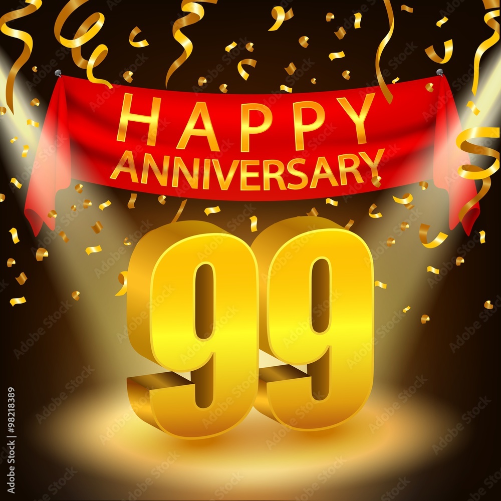 Happy 99th Anniversary celebration with golden confetti and spotlight