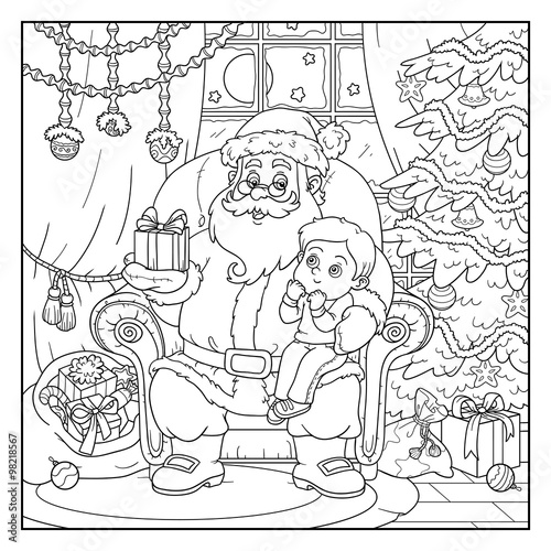 Coloring book for children: Santa Claus gives a gift a little bo