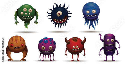 Vector Set of funny round bacteria viruses. Cartoon image of seven different funny round bacteria viruses of different colors on a light background.
