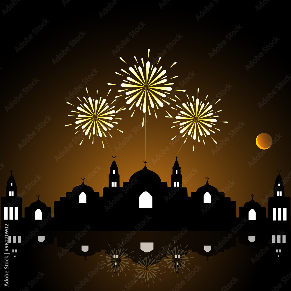Obraz premium Bright festive fireworks with modern city skyscrapers