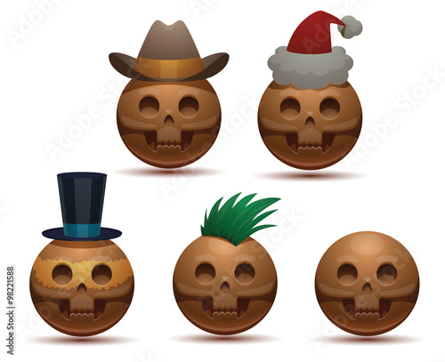 Vector Set of round skulls. Cartoon image of gray round five skulls: in a cowboy hat, in a Santa's hat, in a cylinder and with a green mohawk on a light background.