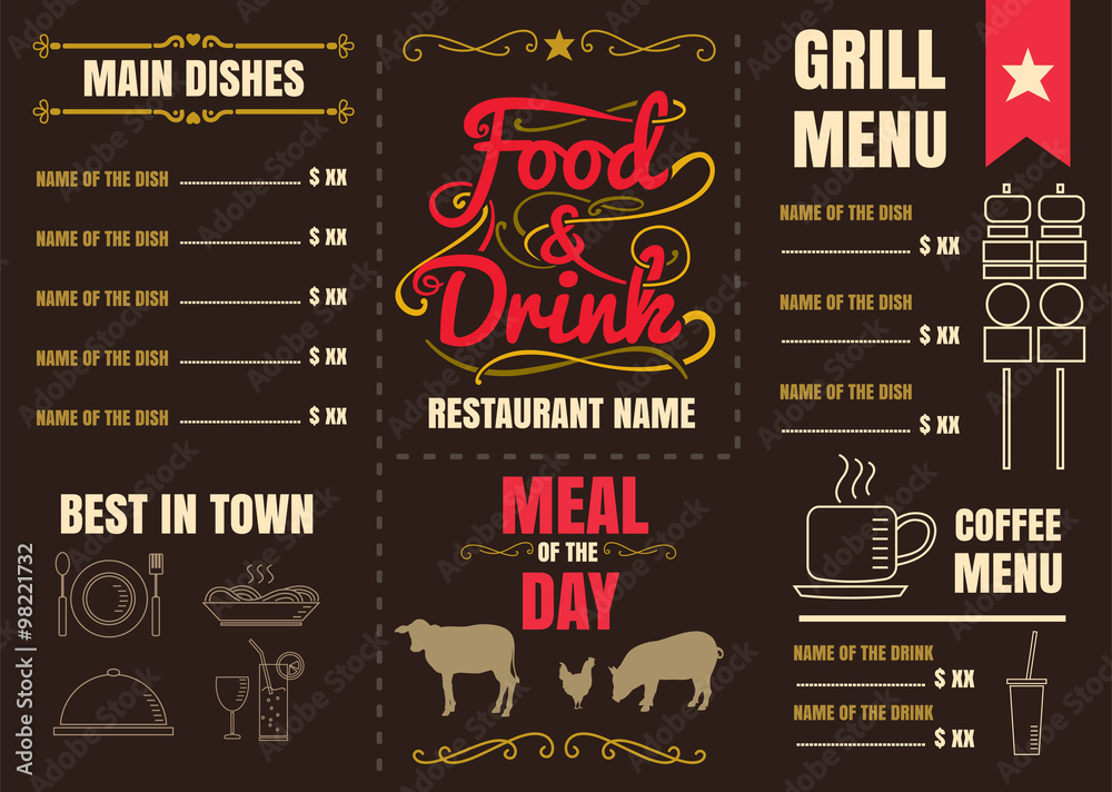 Brochure or poster Restaurant  food menu with brown Background v