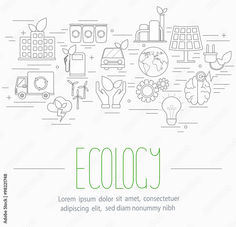 Line style vector illustration design concept of ecology. Lots of ecological symbols isolated on background with place for your text.