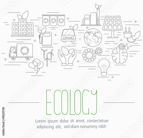 Line style vector illustration design concept of ecology. Lots of ecological symbols isolated on background with place for your text.
