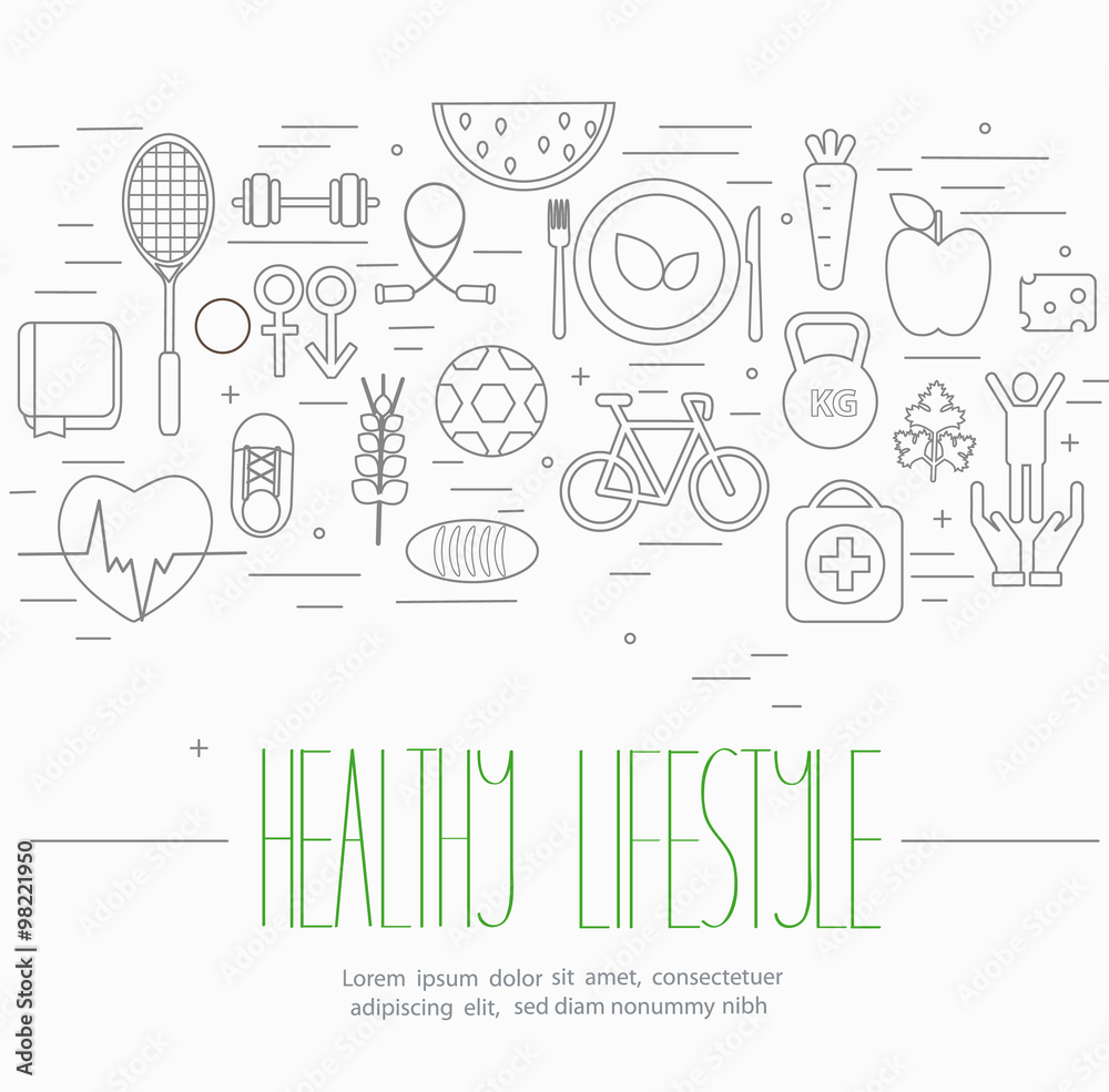 Line style vector illustration design concept of lifestyle. Lots of food, sport, medicine symbols isolated on background with place for your text.