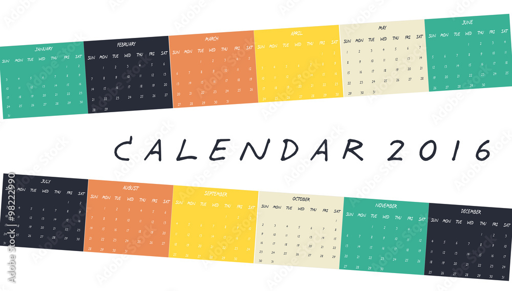 Calendar, 2016, Multicolor, Week Begin with Sunday