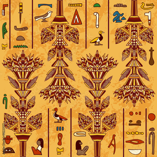 Egypt colorful ornament with ancient Egyptian hieroglyphs on aged paper background,. Vector seamless pattern. Hand drawn illustration