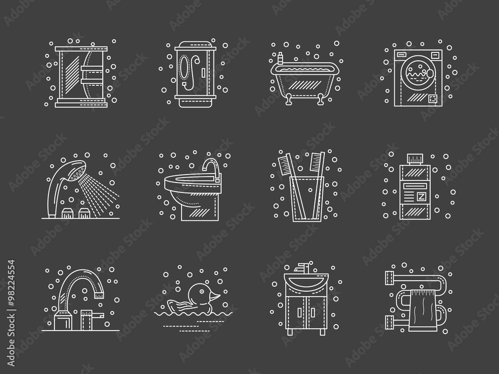 Stylish flat white line bathroom icons set Stylish flat white line bathroom icons set