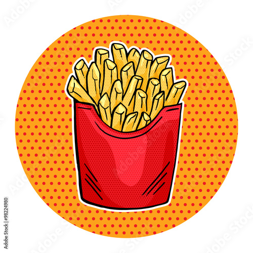 Vector French Fries in red paper Box, pop art fast food Fries icon design