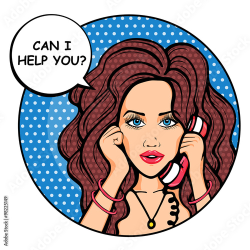 Retro pop art comic woman on phone with message Can I Help You?
