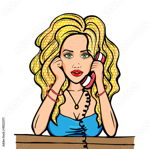 Pop art comic blonde woman with telephone isolated on white background  communication phone