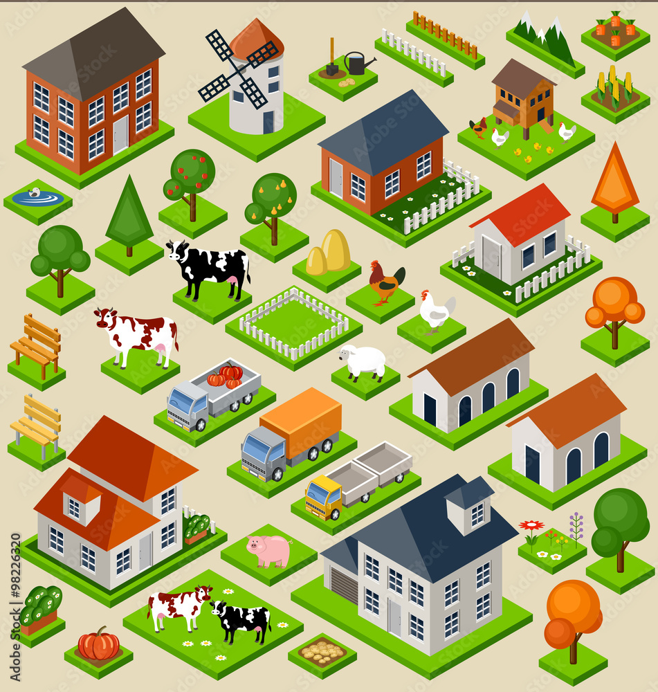 Farm toy blocks isometric set. Isolated. Map Elements. Vector illustration Farm toy blocks isometric set. Isolated. Map Elements. Vector illustration