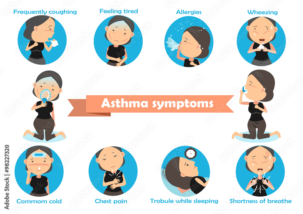 asthma symptoms Woman having asthma using the asthma inhaler . Vector Illustration. asthma symptoms Woman having asthma using the asthma inhaler . Vector Illustration.