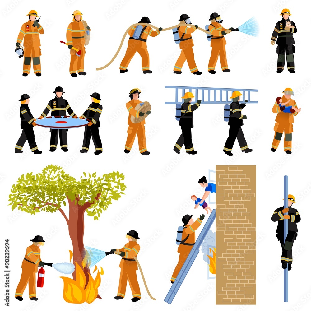 Obraz premium Firefighter People Flat Color Icons Set