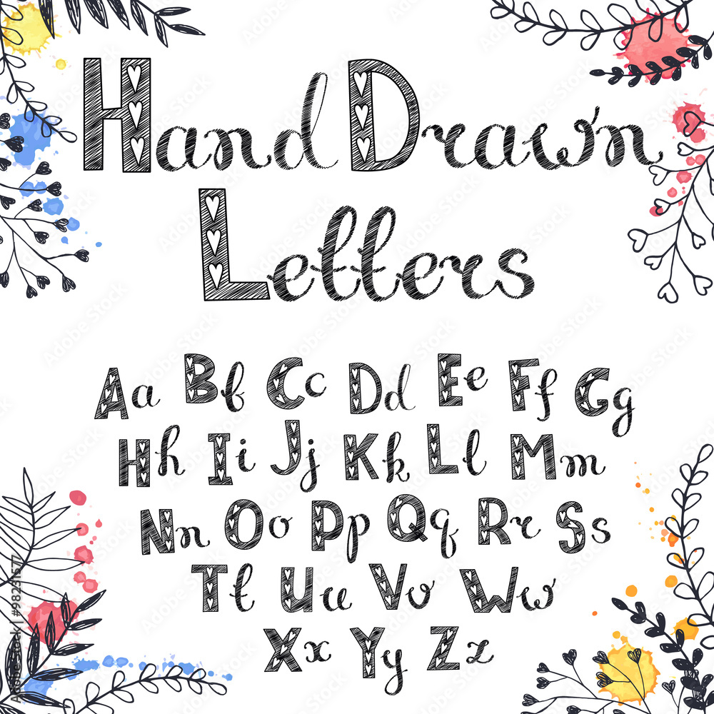 Vector hand drawn letters. English alphabet white on black. Doodle letters drawn on chalkboard. Vector hand drawn letters. English alphabet white on black. Doodle letters drawn on chalkboard.