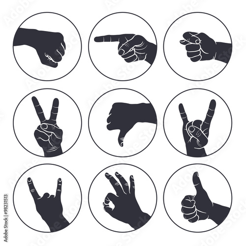 Human gestures icons. People hand signs. Man hands outline isolated on white background. Ok, thumb up, thumb down, fig, victory, pointing finger, sign of the horns.