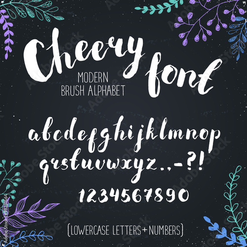Handmade letters. Cheery handwritten alphabet with floral elements on background. Hand drawn calligraphy. Modern chalk typography.