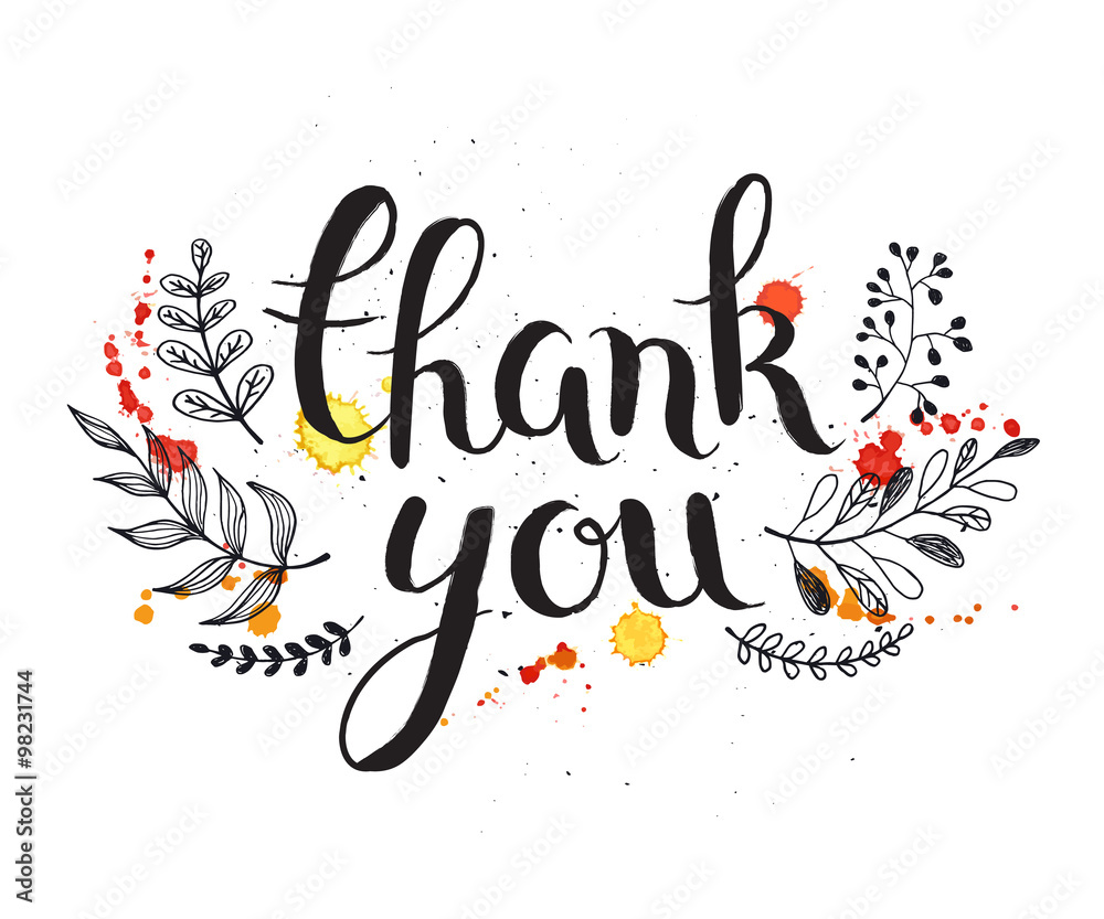 Thank you card with watercolor splashes and floral decor. Modern