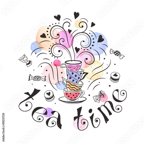 Tea time poster concept. Tea party card design. Hand drawn doodle illustration with teapots, cups and sweets.