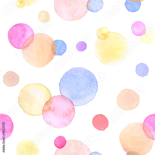 Watercolor texture. Aquarelle circles in pastel colors. Seamless pattern. Watercolor pink, blue and yellow spots isolated on white background.