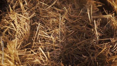 close up of straw inside of a barn - dolly shot