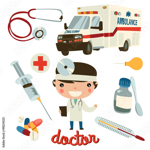 doctor boy cute character. medic tools set.