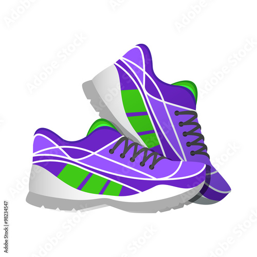 Violet sport sneakers, modern illustrations in flat style. 