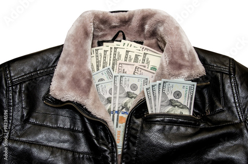 Dollars on black leather jacket