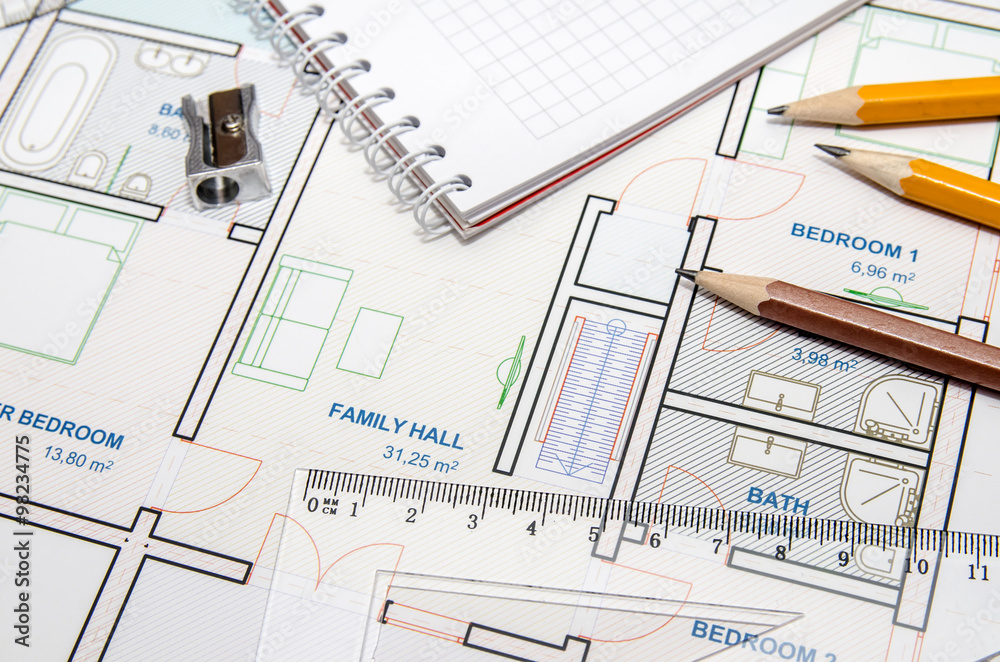 Construction planning drawings and three yellow pencils with ruler Construction planning drawings and three yellow pencils with ruler