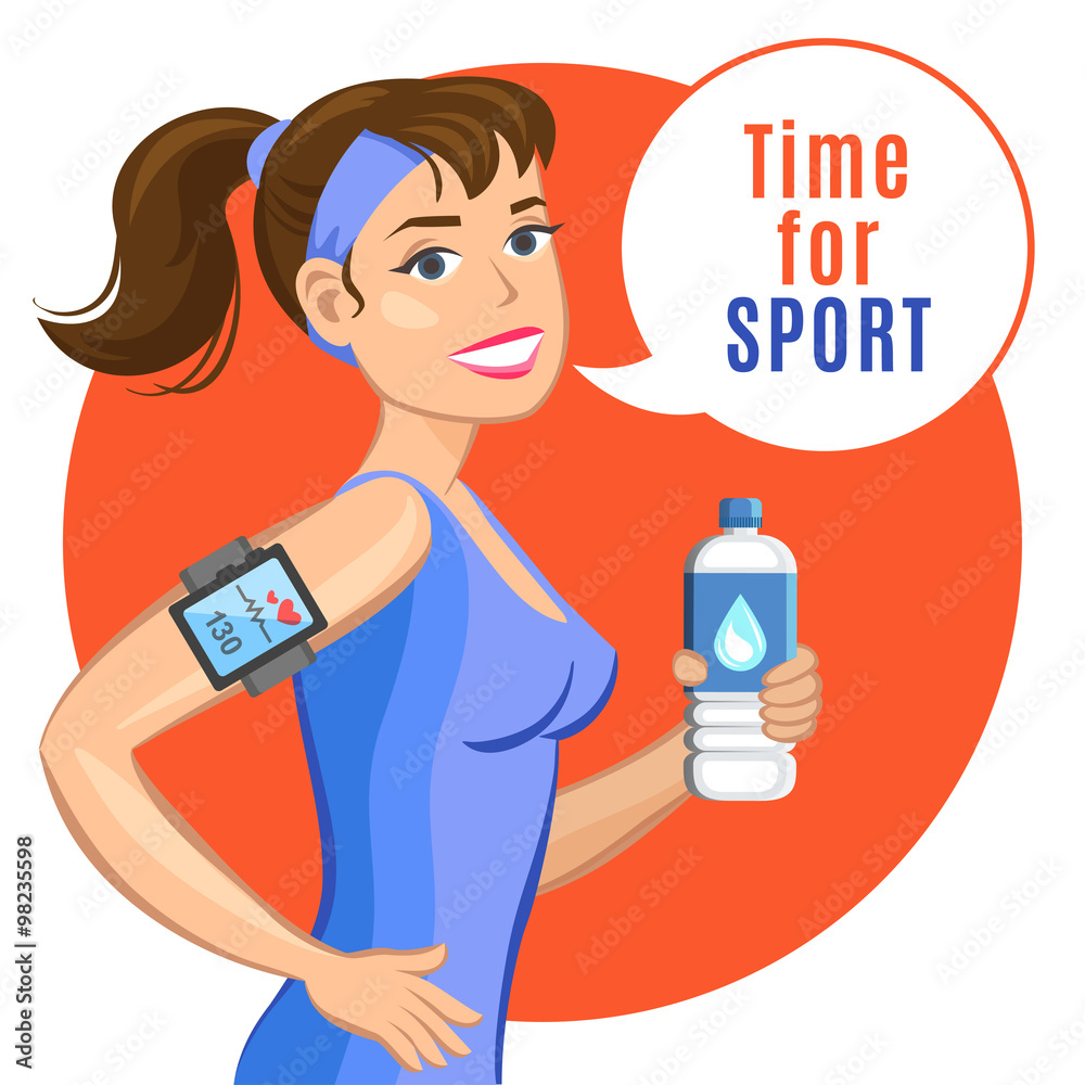 Smiling cartoon girl with water, says let's do fitness. 