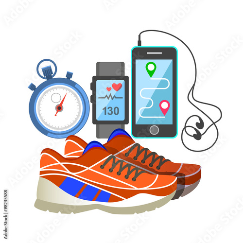 Red sport sneakers, heart rate monitor, phone, and stopwatch