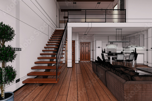 3D Interior rendering of a modern tiny loft