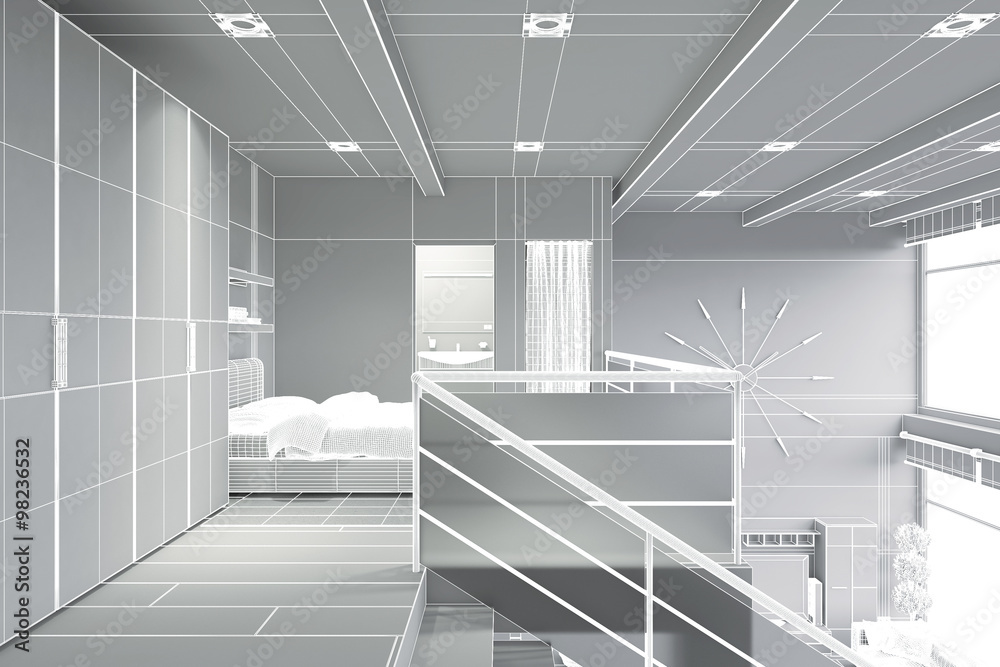 Obraz premium 3D Interior rendering of a modern tiny loft