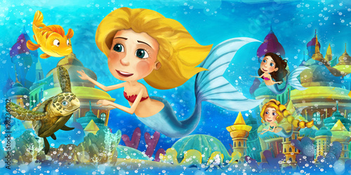 Cartoon ocean and the mermaids - illustration for the children