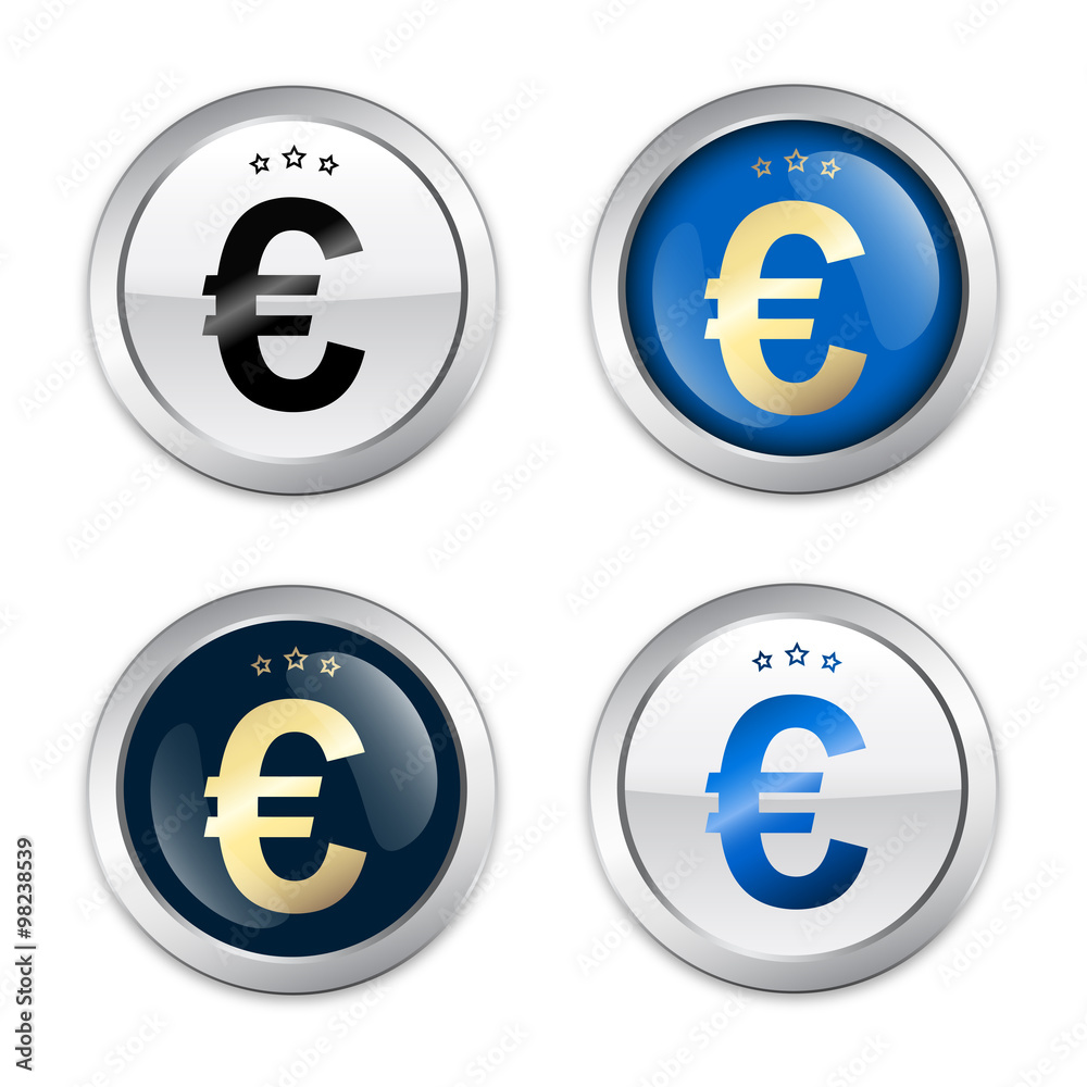 Profit seals or icons with Euro symbol. Glossy silver seals or buttons. Profit seals or icons with Euro symbol. Glossy silver seals or buttons.