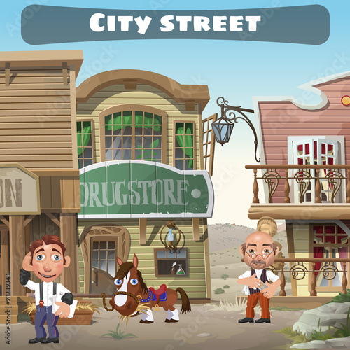 Usual city street in the wild West, two residents, houses, horse