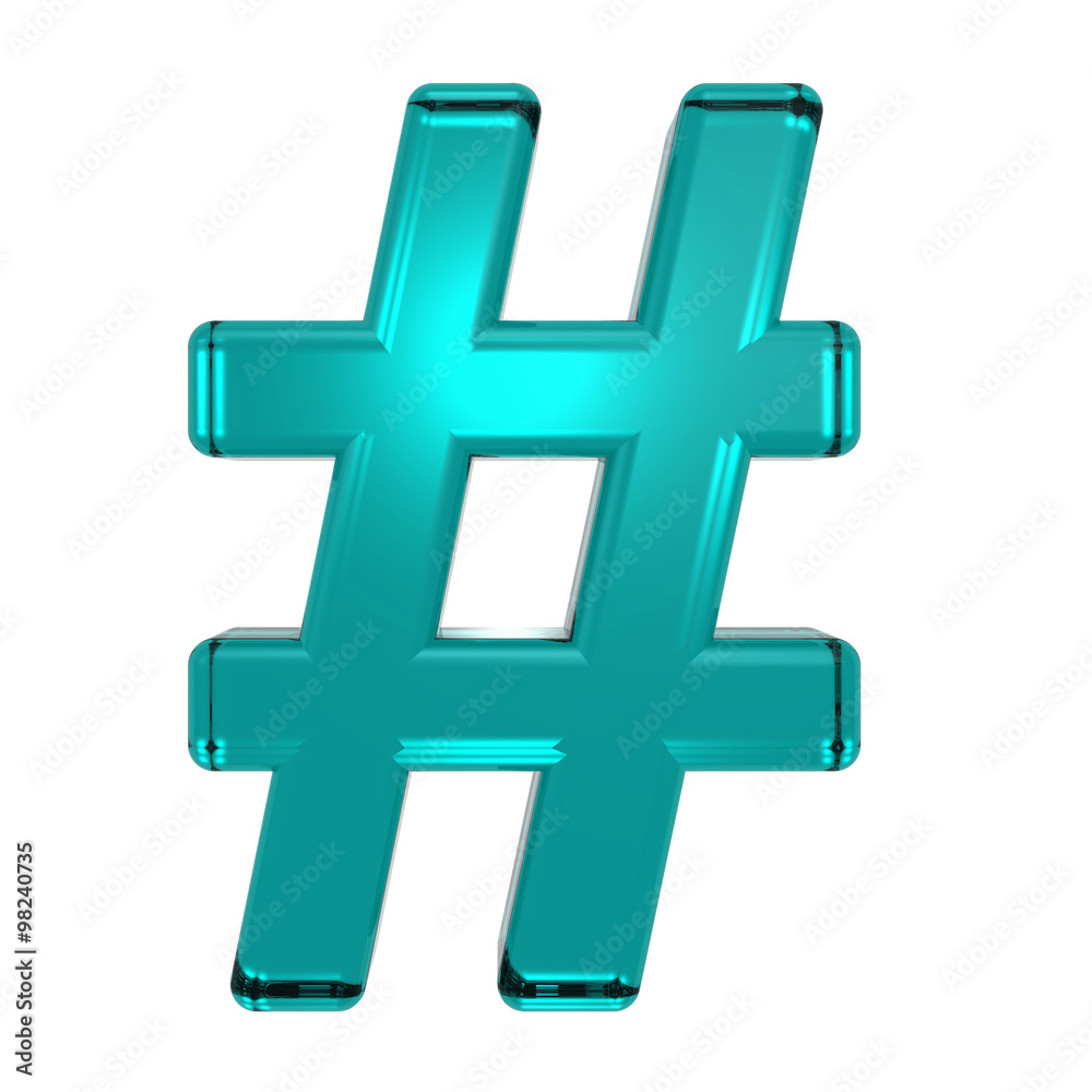 Obraz premium Number mark from turquoise alphabet set, isolated on white. Computer generated 3D photo rendering.