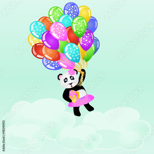 Cartoon panda girl flying with birthday balloons and gift above the clouds. Birthday background. EPS 10 vector illustration
