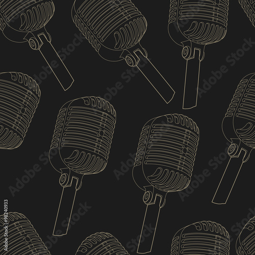Seamless pattern with vintage microphone outline on black background. Vector illustration