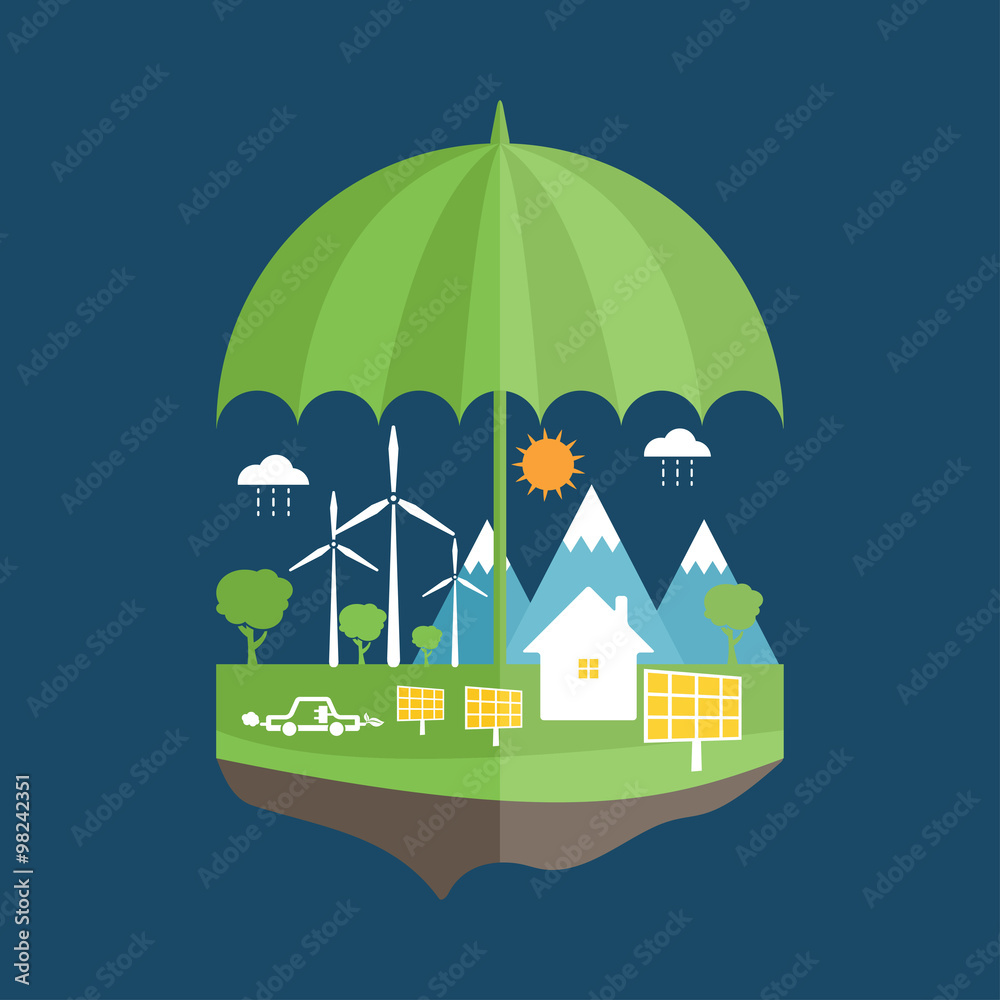 Illustrations concept of umbrella and earth with icons of ecolog