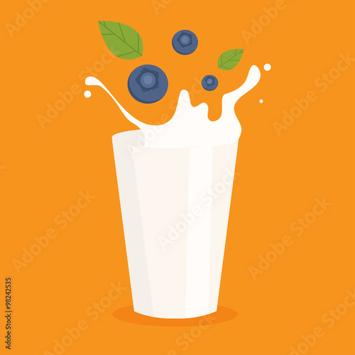 milk splash in the glass and blueberry vector illustration